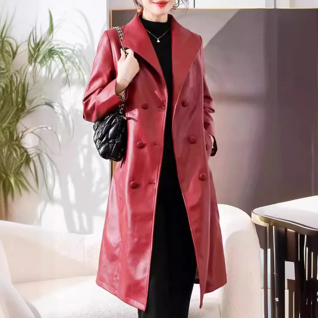 New women\'s trench coat for autumn/winter 2024 in Haining, China, made of genuine leather, women\'s long length, knee over sheeps