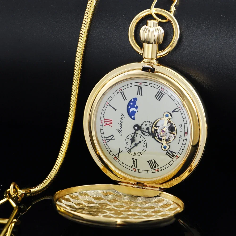 Golden Copper Mechanical Self-Wind Men's Pocket Watch Antique Gift Moon phase Roman Numerals Dial Fob Chain Pendant Timepiece