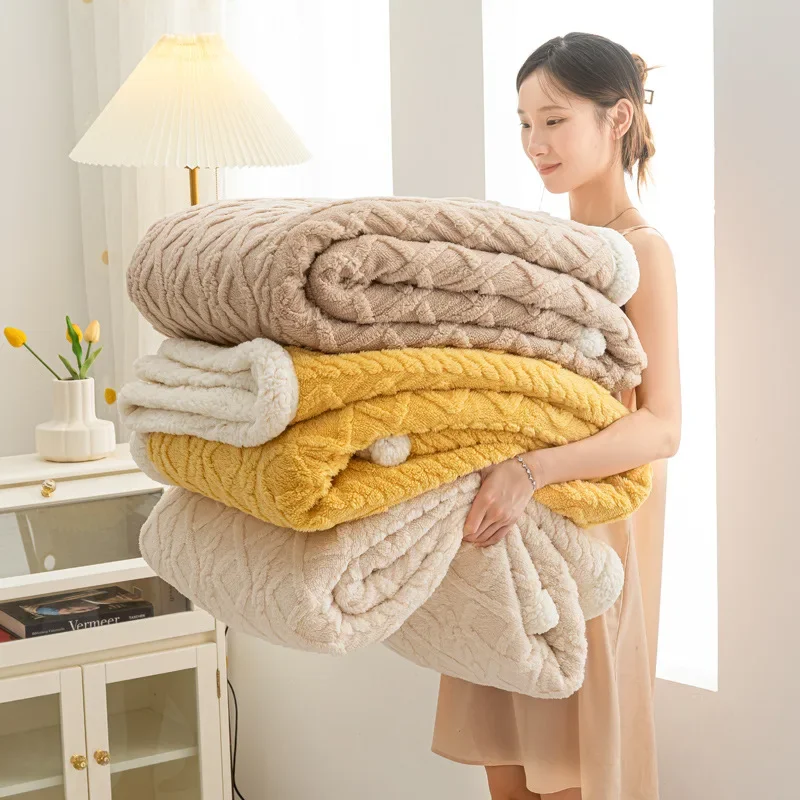 1pc Tafu Plush Blanket, Lamb Plush Jacquard Small Blanket, Double-layer Thick Office Nap Cover Blanket