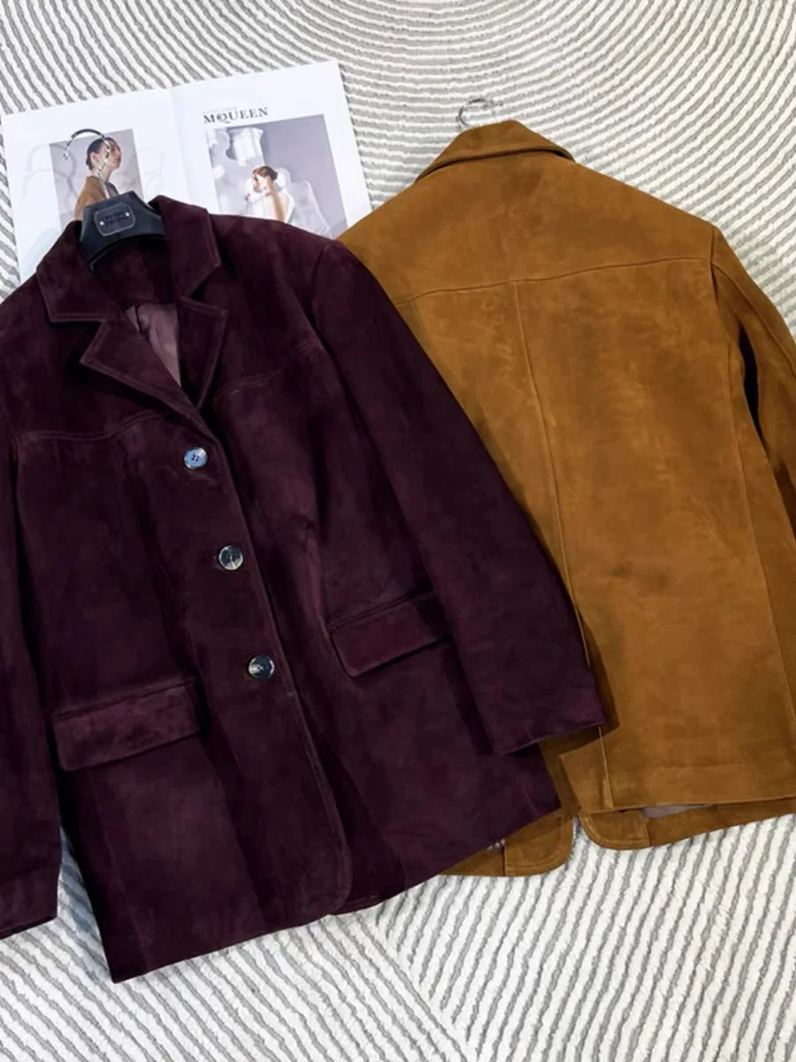 French High-end Western-style Leather Jacket for Women 2026 New Color Purple Red Oversized Casual Kid Suede Suit Blazer Outwears