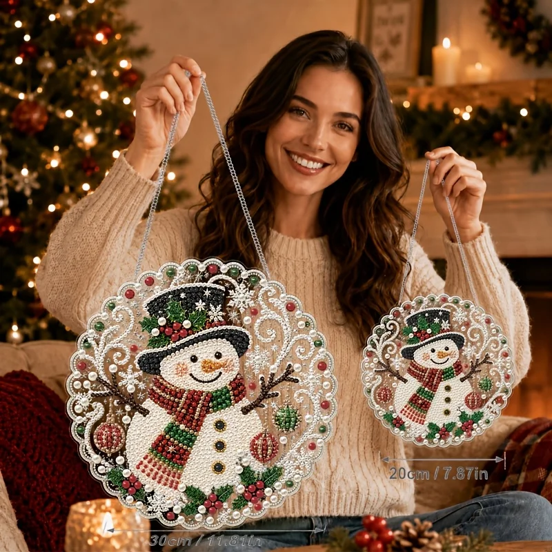 2D Flat 1pc Christmas Snowman Pearl Diamond Painting Hanging Kits, Special Round Shaped DIY Acrylic 3D Mixed‑Sized Pearl Beads