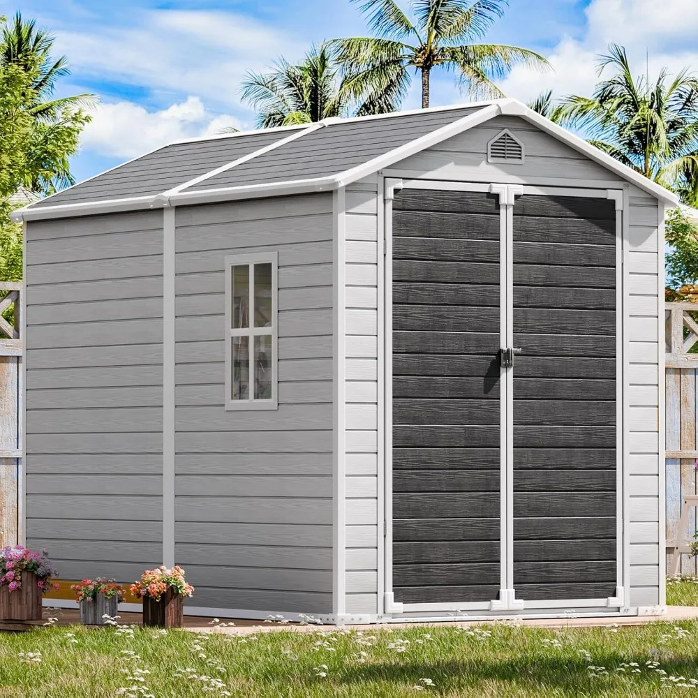 

Outdoor resin storage shed with floor 8x6 feet, windows lockable, suitable for garden and backyard, gray