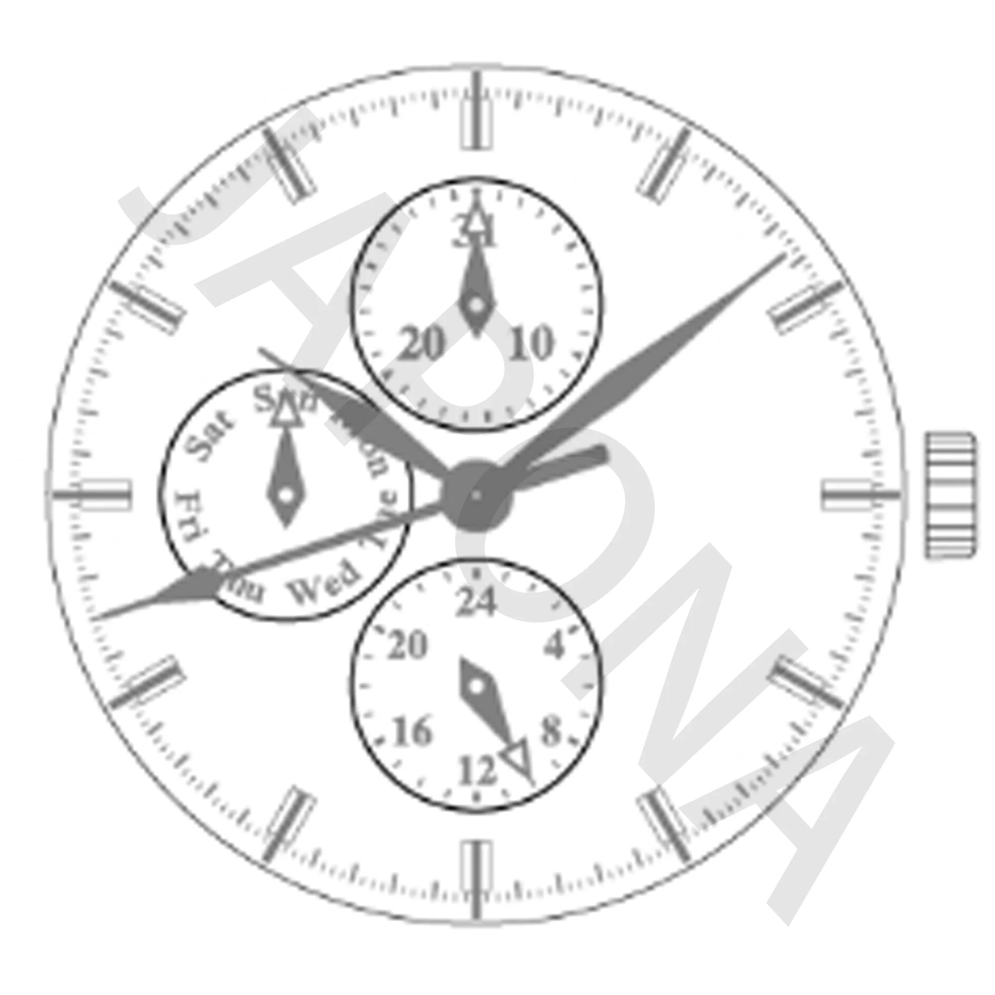 TMI VH67 movement Sweep second Multi-eye (day, date,24 hr) quartz movement VH67B movement small hands at 6/9/12 vh67a movement
