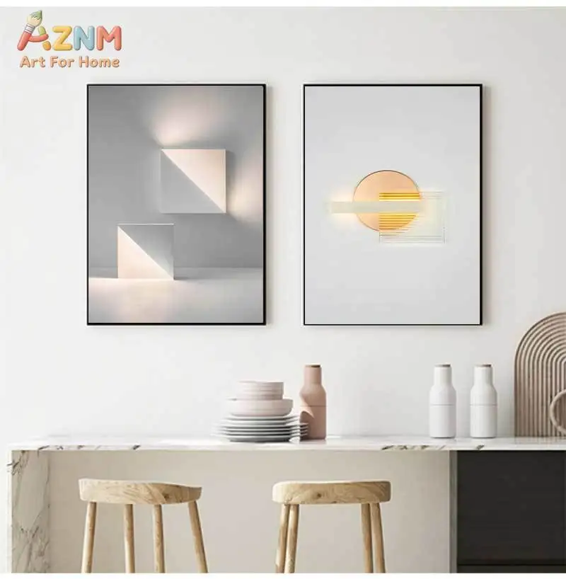 AZNM Minimalist Glowing Geometric Circle Light Shadow Frameless Canvas Poster Modern Neutral Tone Study Living Room Wall Art Dec