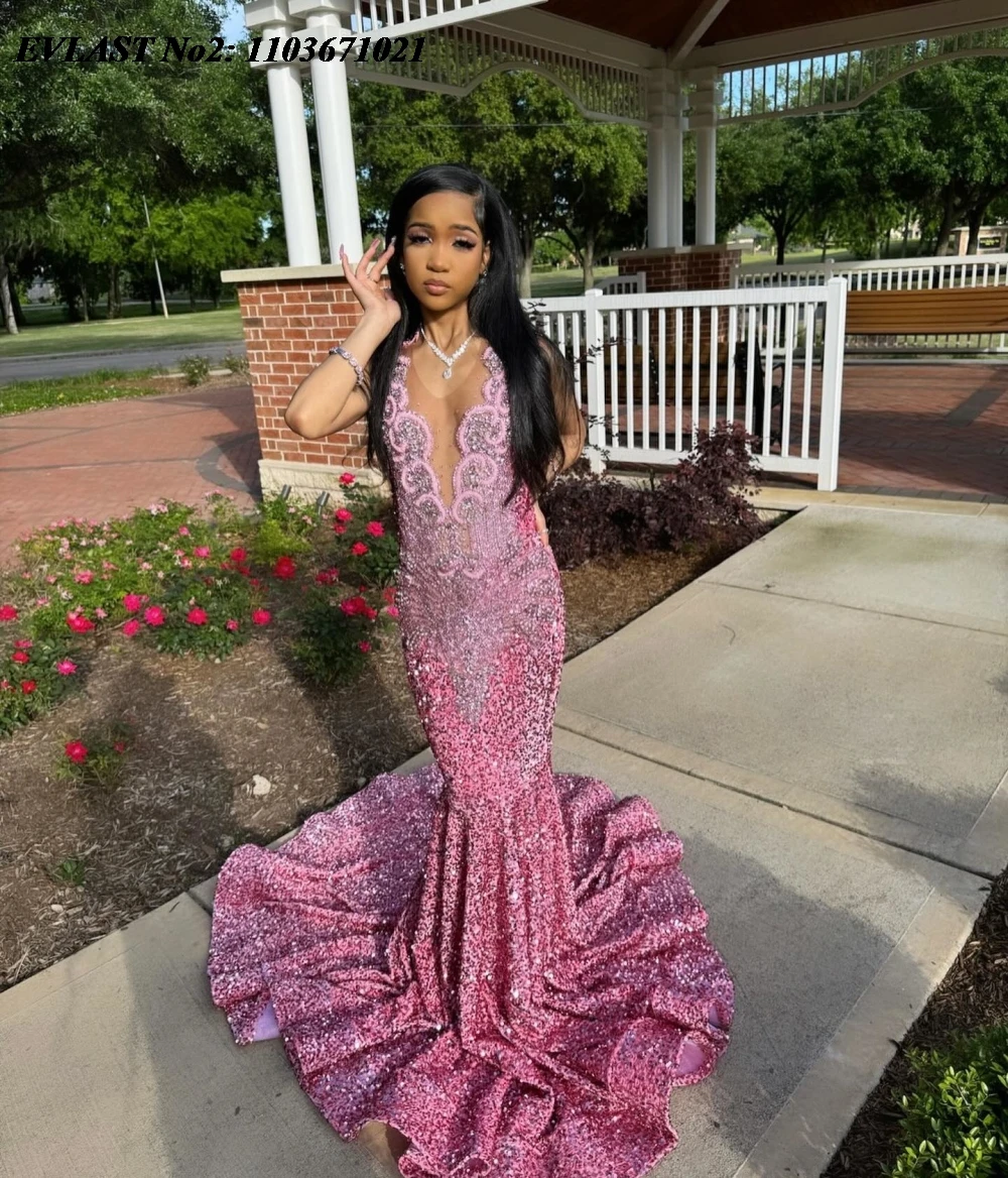 EVLAST Customized Glitter 2025 Pink Sequins Mermaid Prom Dress Black Girls Diamond Crystal Beaded Birthday Party Gown E2P285