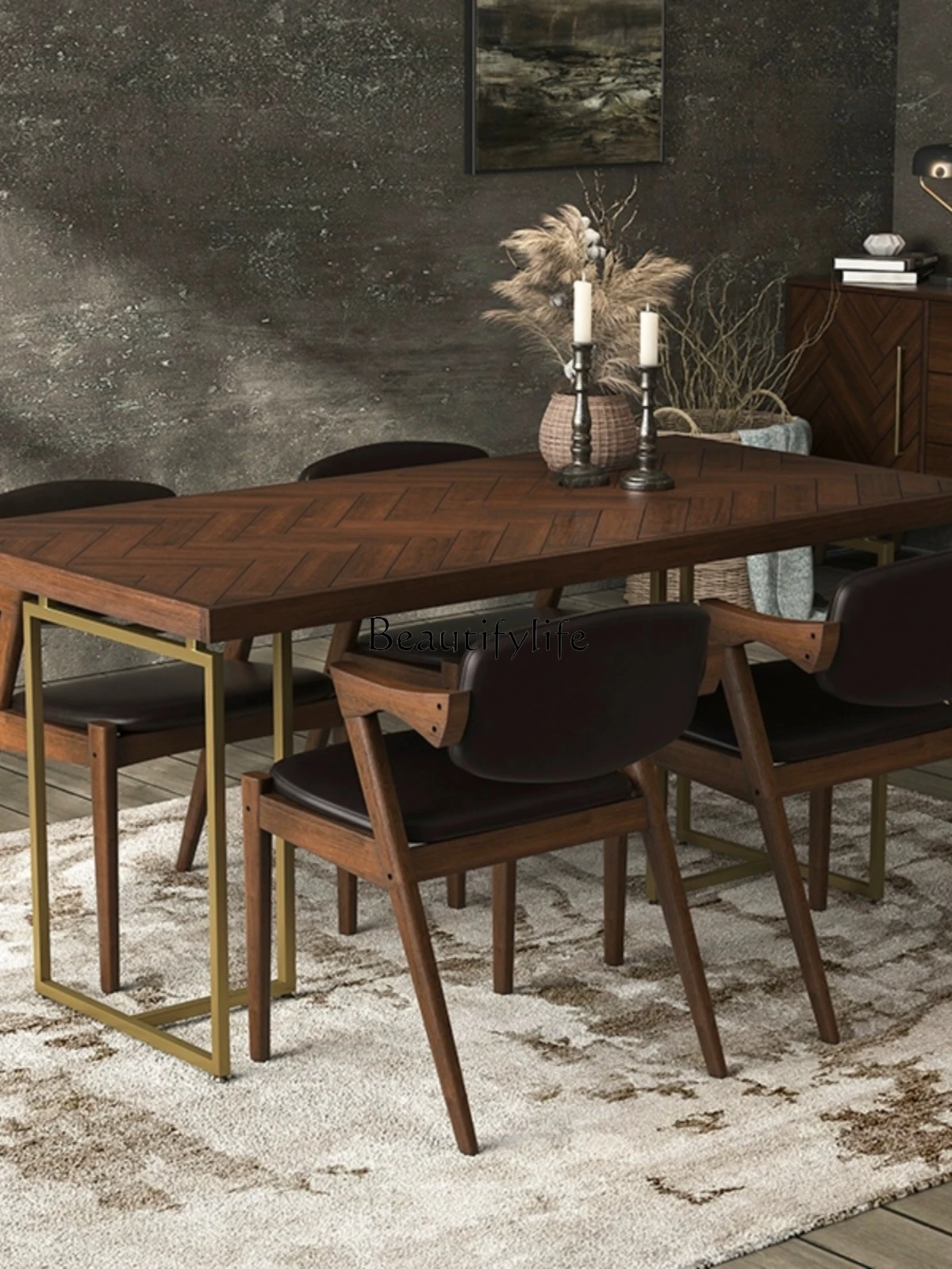 Nordic Rectangular Modern Minimalist Dining Tables and Chairs Set Light Luxury Iron Solid Wood Table