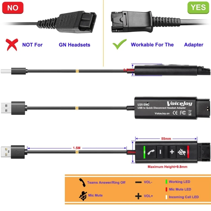 VoiceJoy to USB Adapter Headset Quick Disconnect to USB Cable Noise Canceling