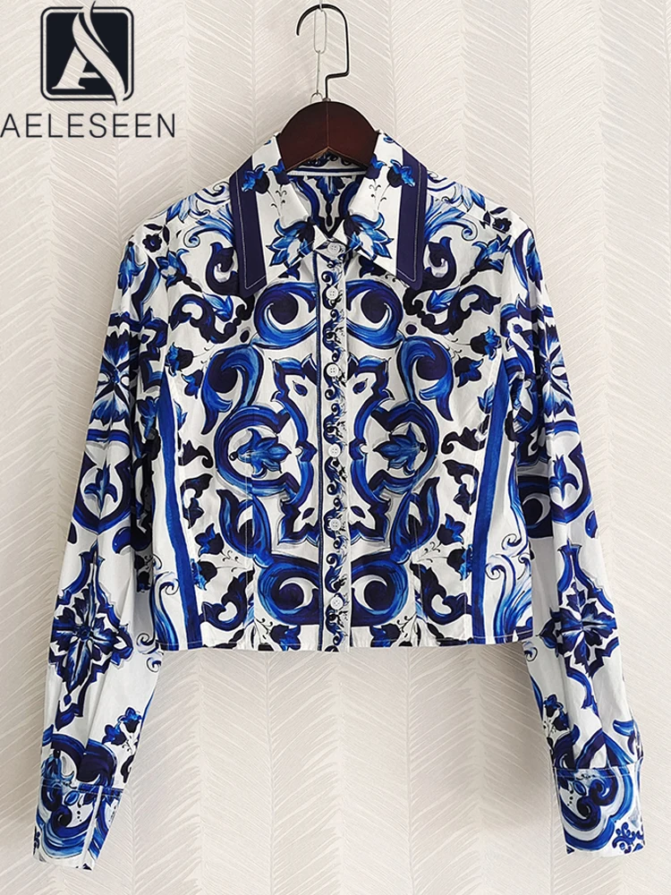 AELESEEN Autumn Winter 100% Cotton Jacket 2024 Runway Fashion Blue Porcelian Print Back Elastic Elegant Party Vacation Coat