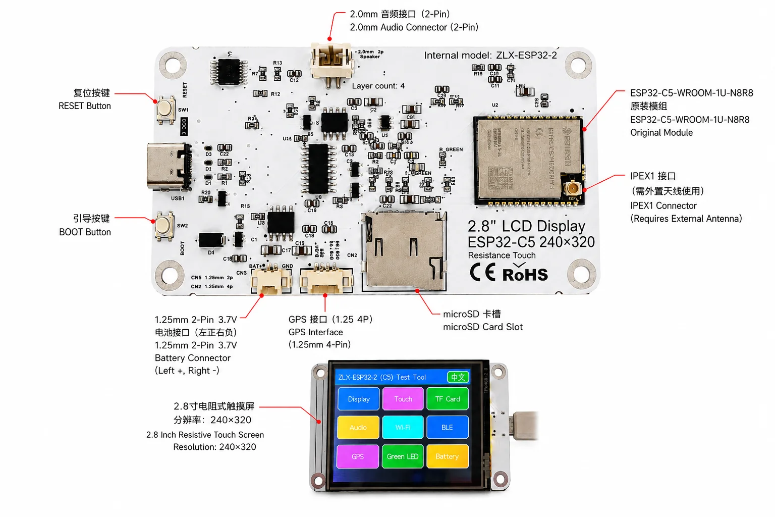 ESP32-C51U-N8R8 Development Board, 2.8-Inch 240x320 Touchscreen LCD Display with ST7789 + XPT2046
