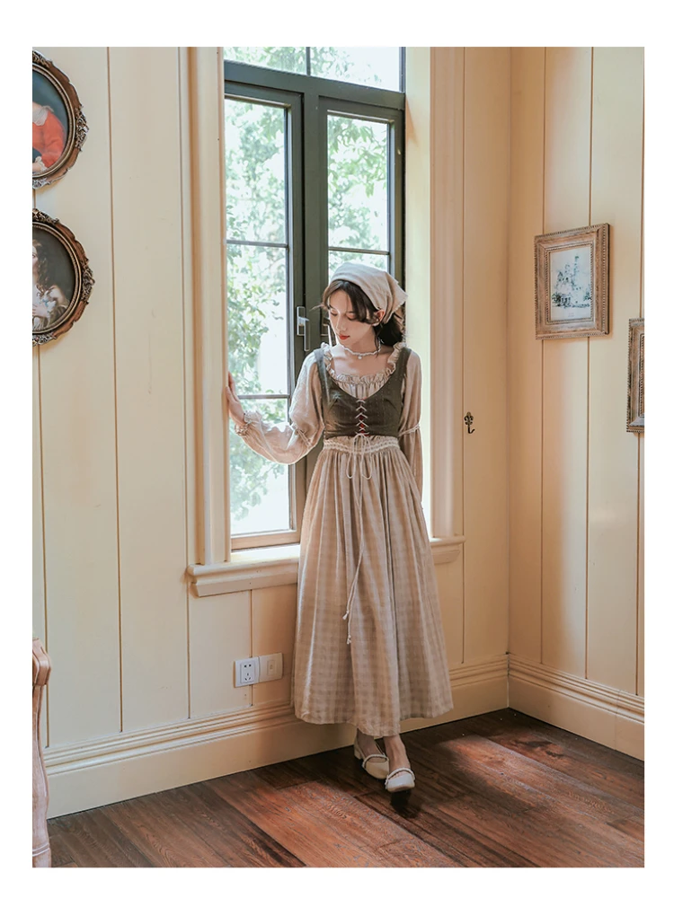 Medieval Cottagecore Retro Strappy Vest Cotton Linen Two-piece Dress Woman Renaissance Vintage Gothic Court Princress Dresses