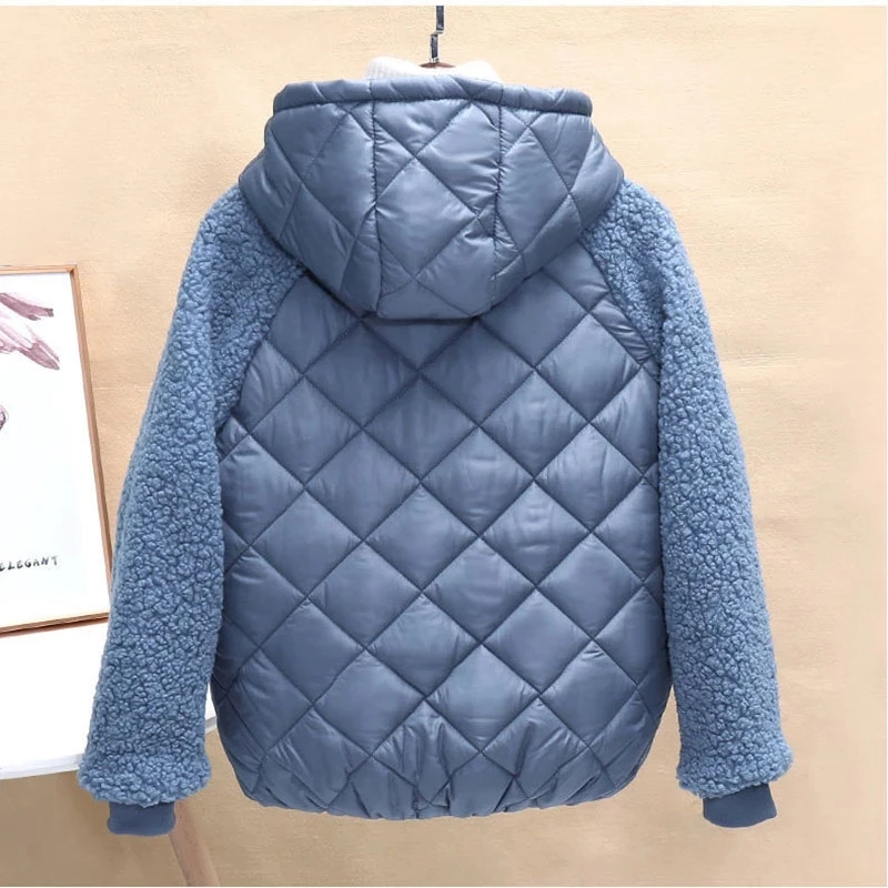 Thin light Down Cotton Jacket Female Short Coat Autumn Winter Women\'s 2023 New Hooded Loose Lmitation Lamb Wool Cotton Jacket