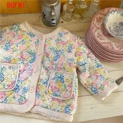 Korean Vintage Cotton baby Girls Parkas Floral Single Breasted Kid Jacket Toddler Girl Outerwear Winter Coat Children's Clothing