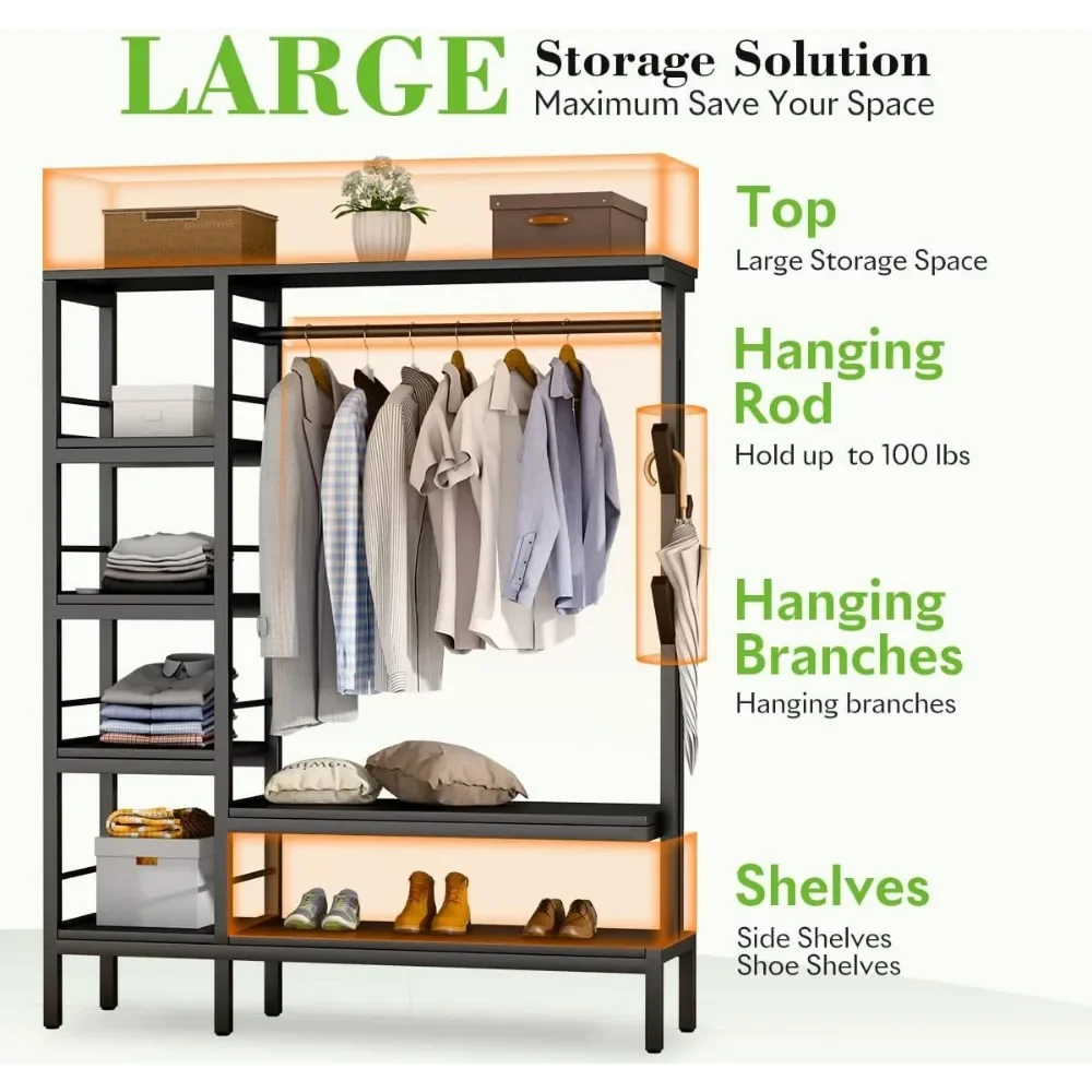 Livre Standing Closet Organizer com 6 Prateleiras de Metal e Coat Rack, Heavy Duty Vestuário Rack, pendurado roupas, 650lbs Capacidade