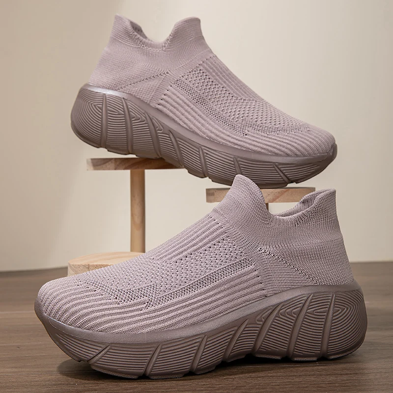 Lightweight Breathable Knit Sneakers for Men  Women - Non-Slip Orange Slip-On Walking Shoes, Comfortable Sock-Style Casual Shoes