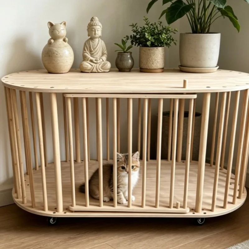 Solid wood dual-purpose cat nest edge, cat head hollowed out semi-closed cat house, multi-functional pet bedside