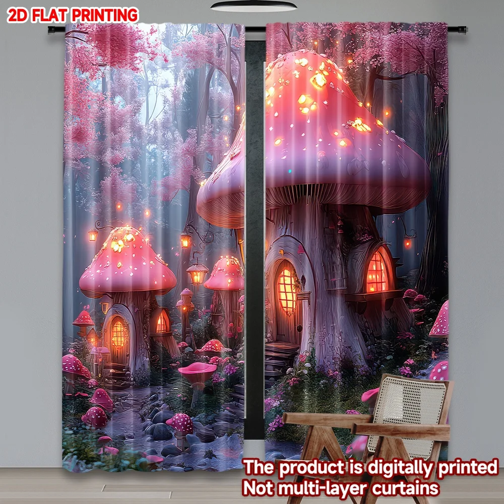 

2D flat printing 2pcs Curtain Magical Mushroom Village Digital Printed Polyester Drapes Party Decorations Perfect for Door Wall