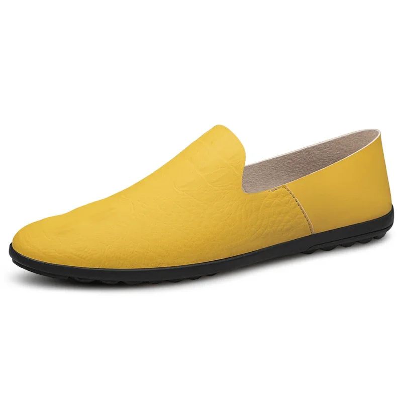 Men\'s Loafers Comfortable Flat Casual Shoes Breathable Slip-On Soft Cow Leather Driving Shoes Moccasins Hombre Men Shoes Yellow