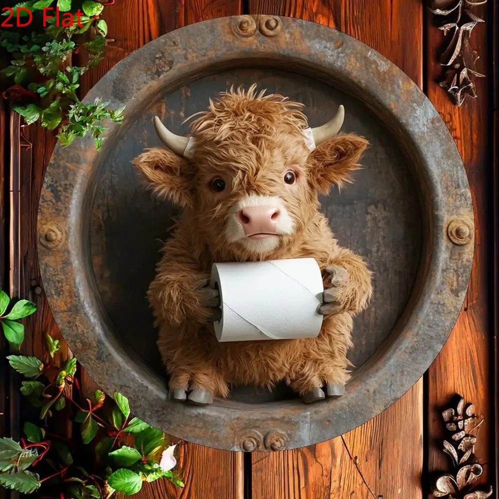 1 Piece Highland Cow Bathroom Humorous Round Metal Iron Sign - Retro 2D Wall Art, Quality Charm, Perfect for Home