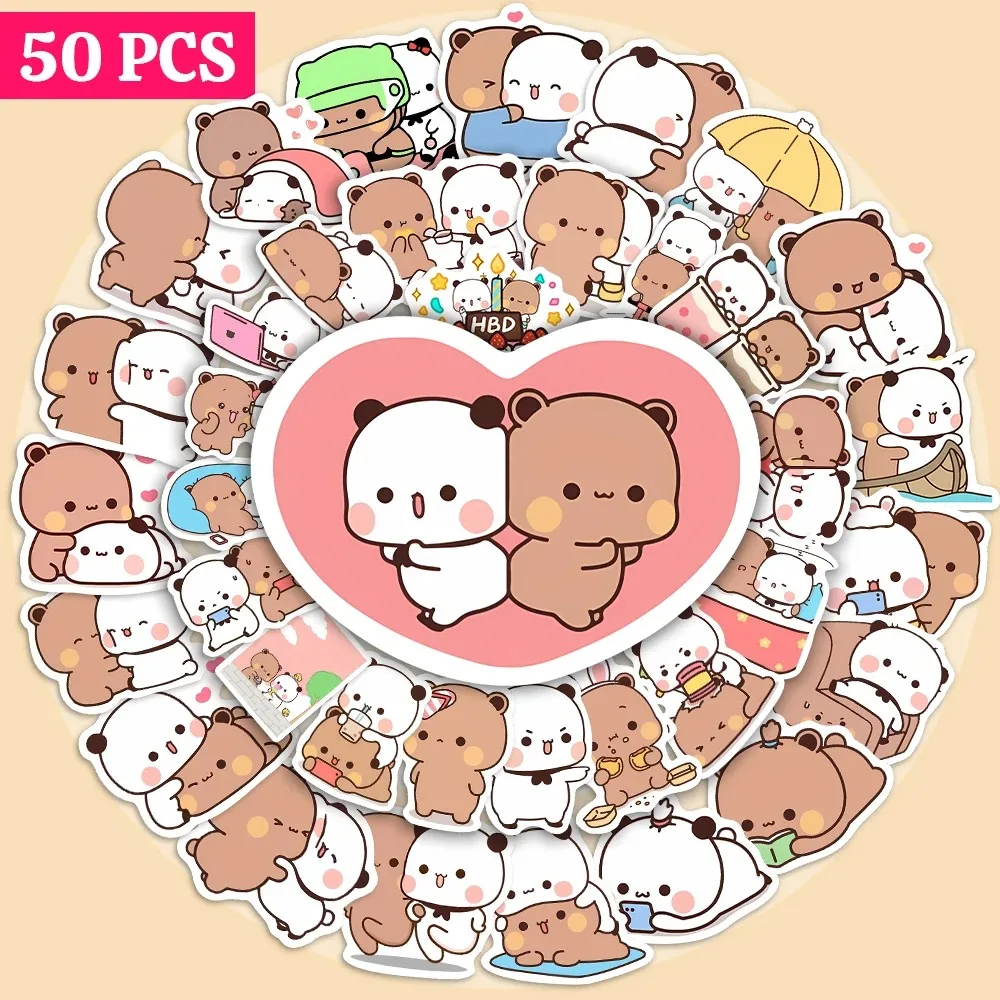 Urso bonito do panda e Panda PVC adesivos, Adesivos de desenhos animados impermeáveis, Bubu Dudu, Desenhos animados, 50 folhas por conjunto