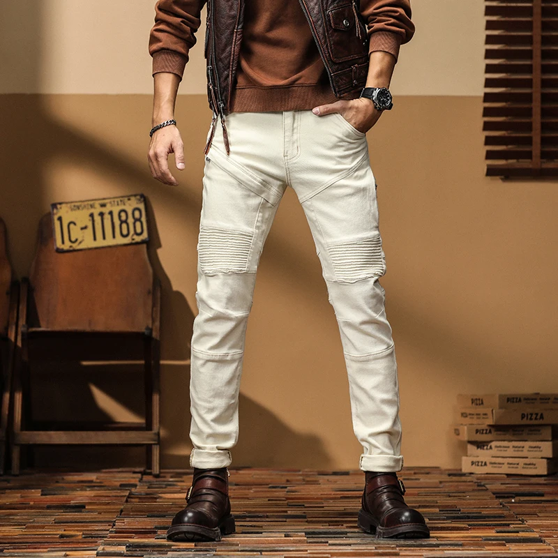 

High-End Beige Pleated Splicing Motorcycle Jeans Men's Trendy Slim Fit Bootcut Elastic Long Pants Cotton Stretch Denim