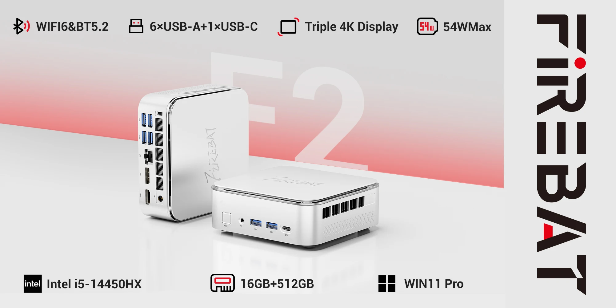 Firebat F2 Mini PC Intel Core I5-14450HX 10-Core 16-Thread Windows 11 16GB DDR4 RAM 512GB PCIe SSD WiFi 6 BT5.2 Triple Display
