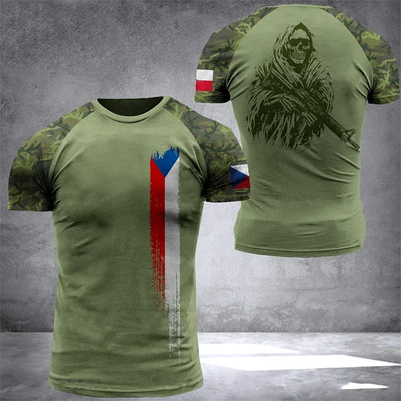Czech Army T Shirt for Men Veteran Camouflage T-Shirt Tops 3D CZECH National Flag Print Tshirt Soldiers Forest Camo Tactical Tee