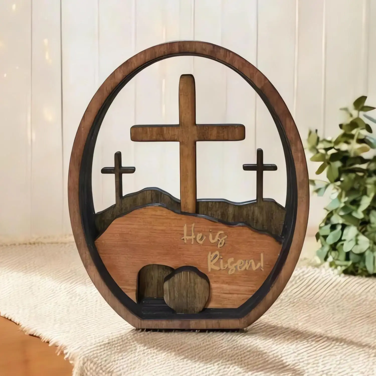 Empty Tomb Easter Scene and Cross 3D Decoration, Wooden Easter Resurrection Scene Cross Jesus Tomb Tray, Jesus Nativity Scene