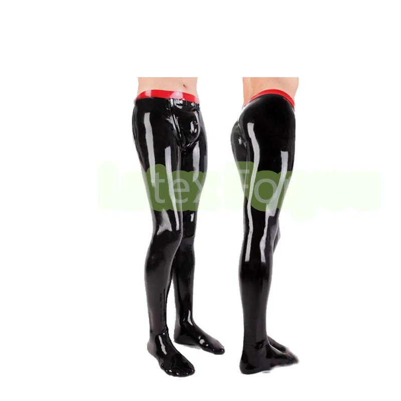 

Handmade Men's natural Latex Leggings Latex Rubber Gummi Cod-Piece Pants Penis Hole Inside With Red Waist Trim Custom made