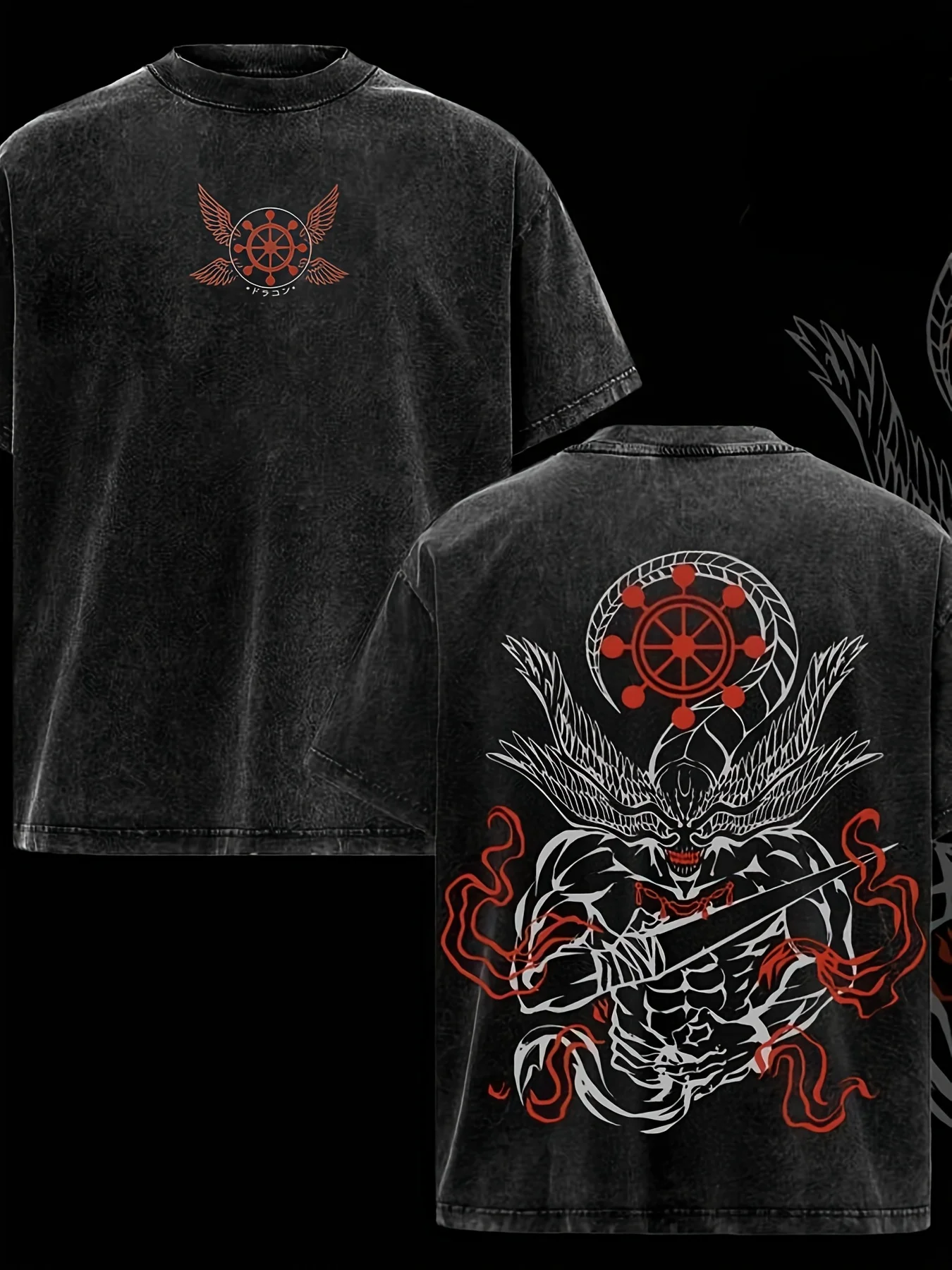 High Quality Retro Washed Men's T-shirt, Spell Summoning Manga Style Heavyweight Printed T-shirt, Anime Fan T-shirt