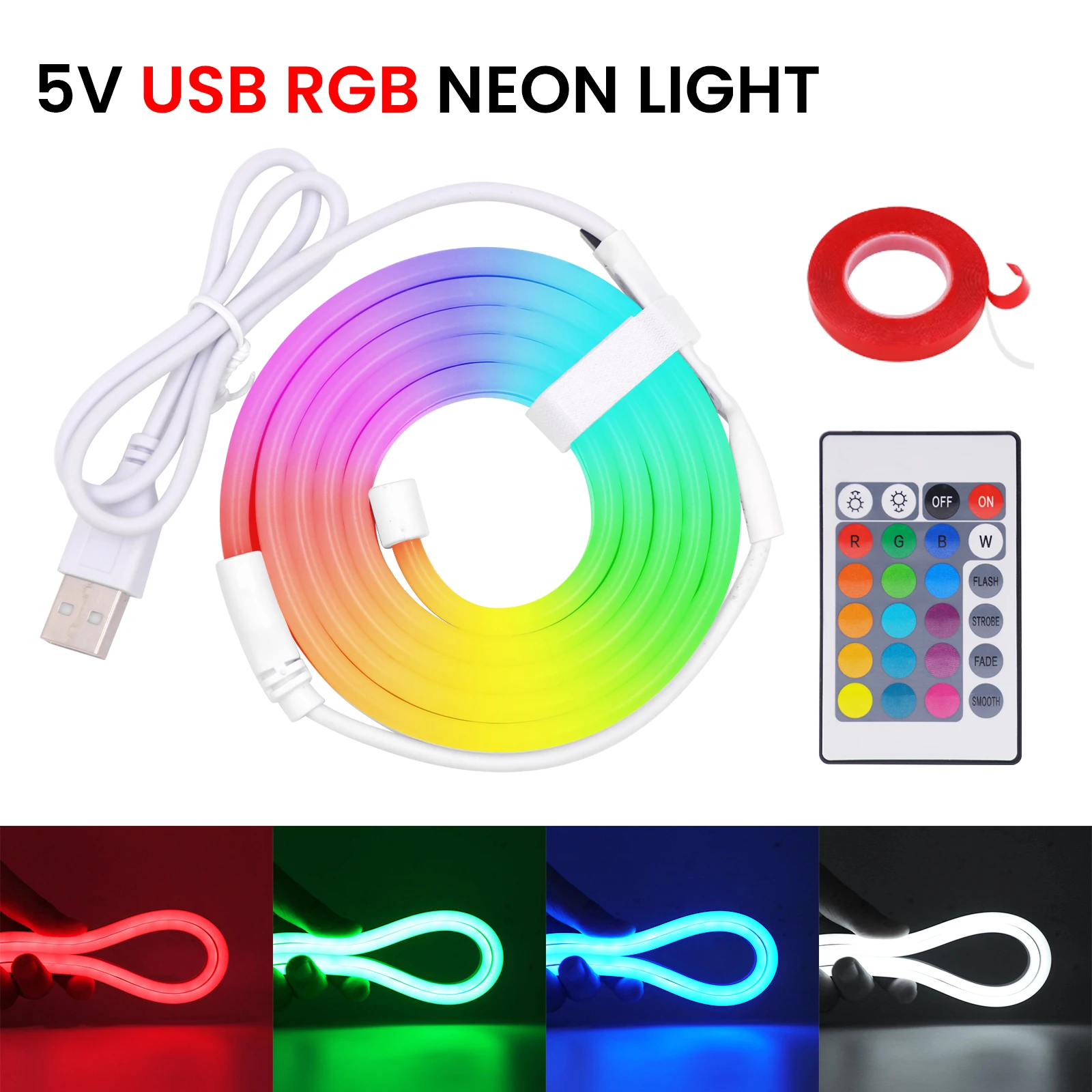 USB LED Neon Rope Lights 5V RGB LED Strip with Remote Control Color Changing Flexible Neon Light Strip for Gaming Room Decor