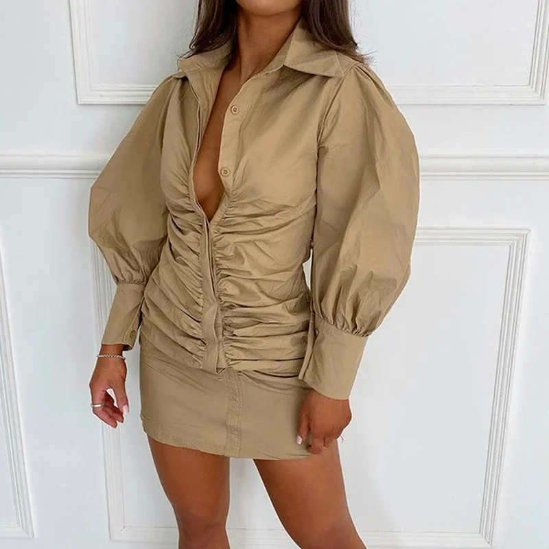 Women Elegant Long Lantern Sleeve Pleated Shirt Dress New Summer 2024 Single Breasted Top Dress Sexy Office Ladies Workwear