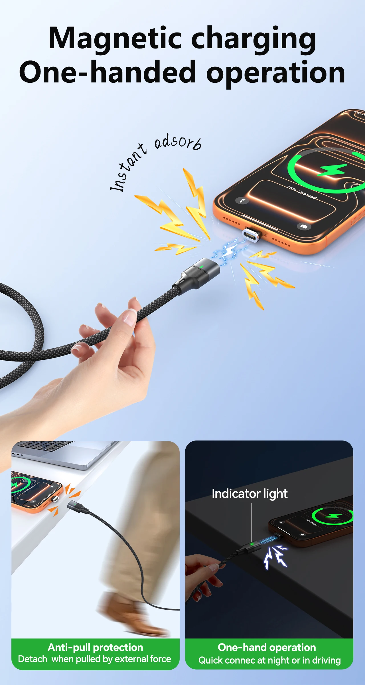Boxiang Magnetic Plug 240W 48V5A Magnetic USB-C Cable PD3.1Fast Charge 120Gbps High Speed Data Sync Dual Use Type C Charger Wire