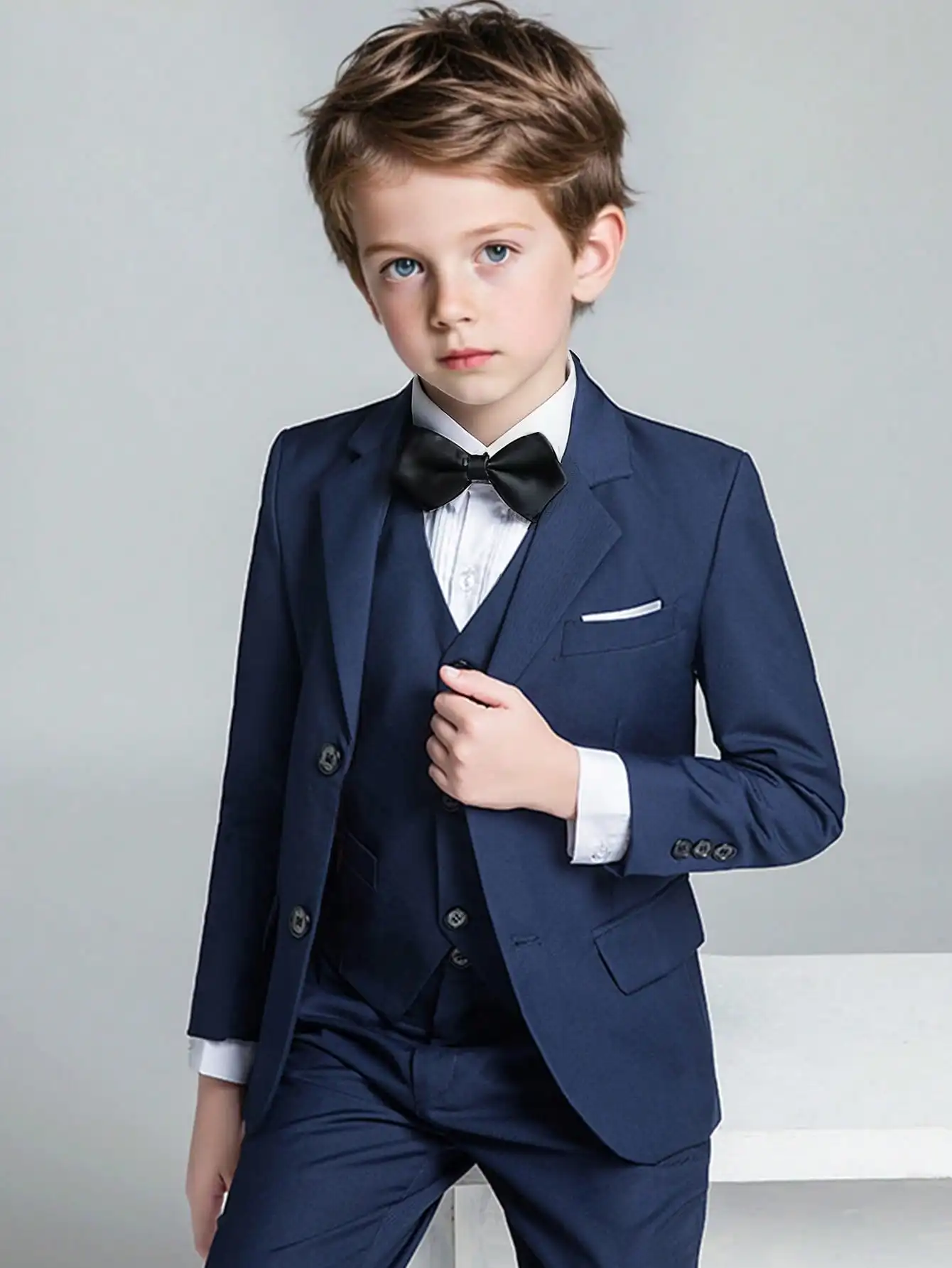 

Boys Navy Blue 4-Piece Formal Suit Set with Bow Tie for Weddings & Special Occasions