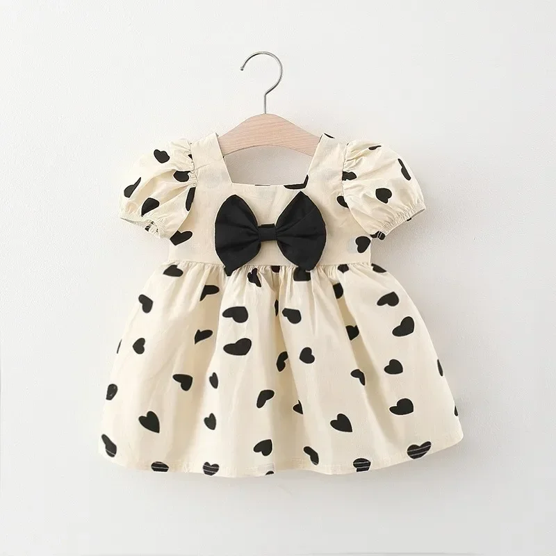 Heart-shaped Summer Baby Girl's Dress Plaid Cotton Dot Bow Daily Knee Length Short Sleeve Square Neck Dress