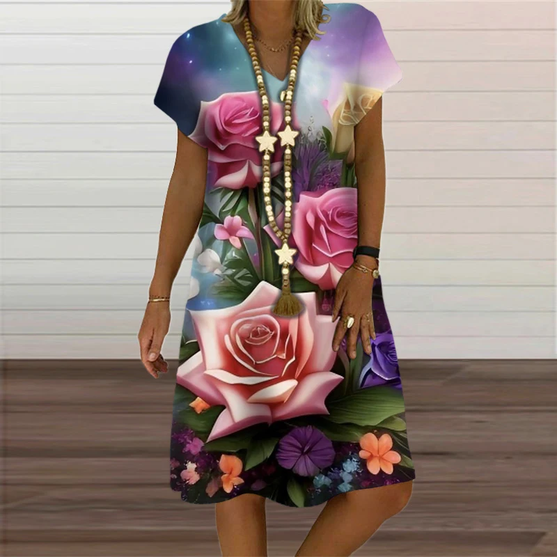 Summer Women\'s Dress For Vintage 3D Flower Print A-Line Dress Short Sleeve V-Neck Oversized Women Clothing New Sundress Vestidos