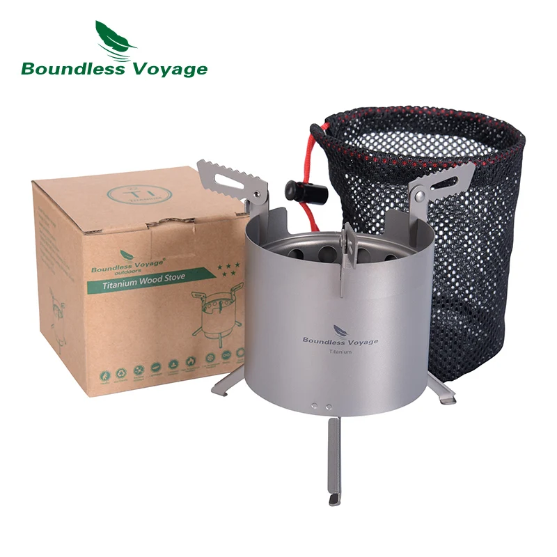 Boundless Voyage Camping Titanium Wood Stove Alcohol Stove with Removable Stands Folding Legs Outdoor Double-wall Furnace