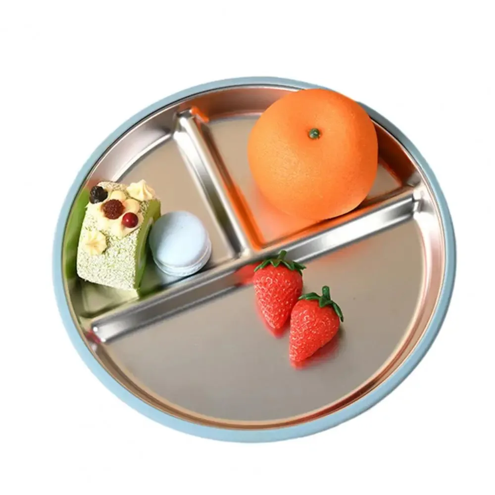 

Divided Design Suction Cup Plates 304 Stainless Steel Silicone Shell Baby Sucker Dining Plate Anti-fall Non-Slip