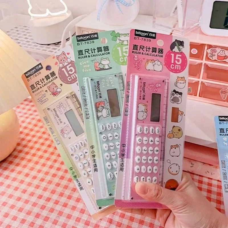 Mini Kawaii Ultra-thin Straight Ruler with Calculator Stationery Drawing Tool Students Measuring Ruler School Supplies