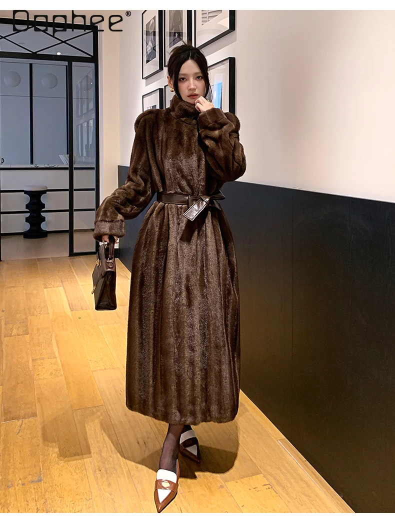 Vintage high-end nerts silhouet riem slim fit milieuvriendelijke bontjas dames lichte luxe socialite pluche bontjas halflange lengte