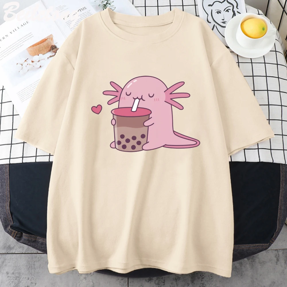 Cute Salamander Newt Bobo Milk Tea T Shirt Womes Tops Cute Printed 100% Cotton O-neck Summer Causal Tshirt Harajuku Tees Cartoon