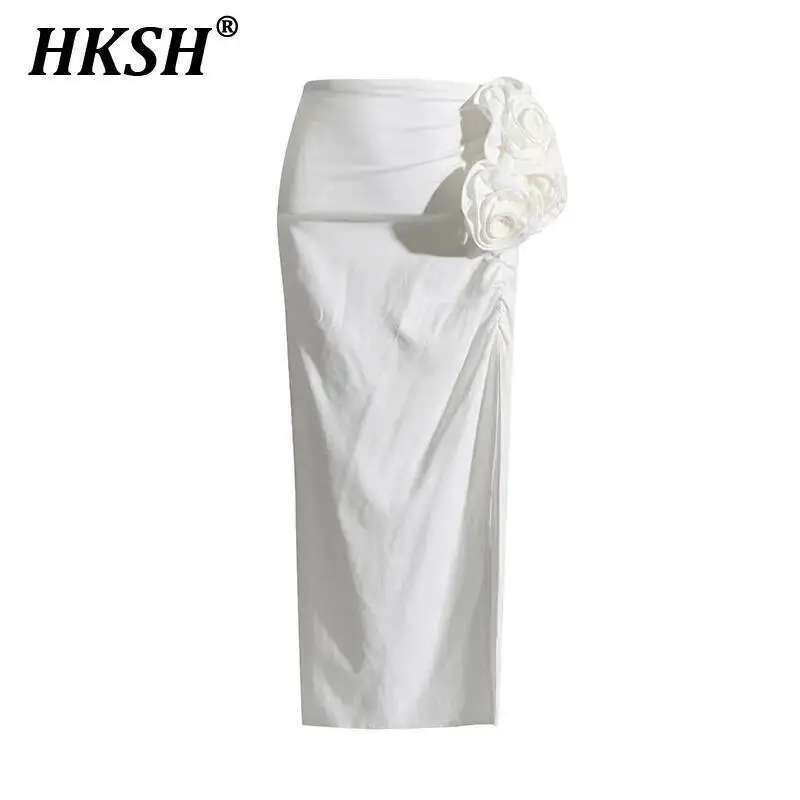 

HKSH Spring Summer New Women Tide Fashion Elegant High Waisted Split Sexy Slim Fit Three-dimensional Flower Bodycon Skirt HK6244