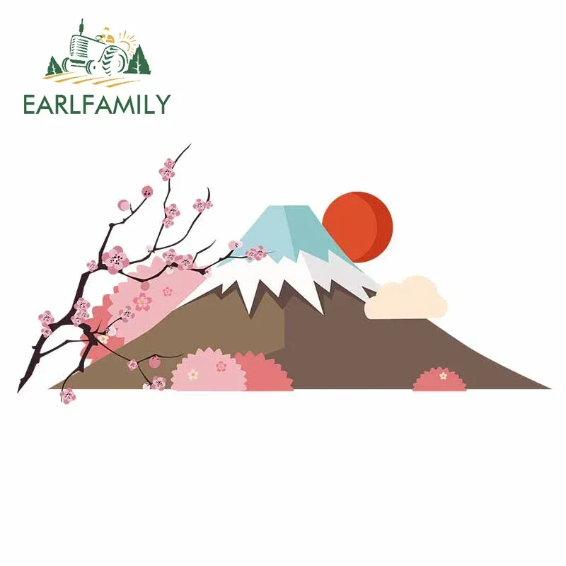

EARLFAMILY 13cm x 6.7cm Sunset Cherry Blossom Mountain Car Sticker Waterproof Landscape Graffiti Decal Beautiful Camper Graphics