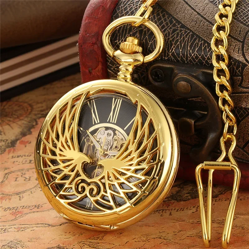 Luxury Golden Hollow Out Heart-Shaped Feather Case Pocket Watch Double Hunter Handwind Mechanical Watches with Pendant Chain