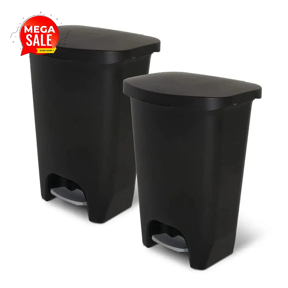 

2-Piece Set of 13-Gallon Plastic Step-On Trash Cans with Odor-Resistant Lids and Bag Holders, Black