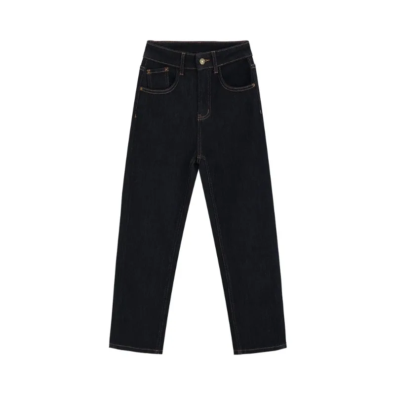 Vintage High Waist Straight Denim Pants Women Retro Stitching Elastic Casual Cropped Jeans Chic Daily Spring Style Lady Outfit