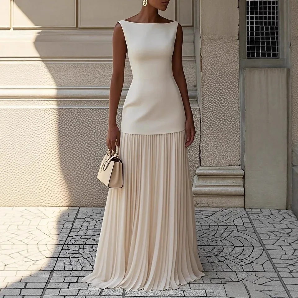 Damen Einfarbiges Schulterfreies Bootshals-Ärmelloses Strick-Plissee-Maxikleid Elegantes Schlankmachendes Vielseitiges Abendkleid