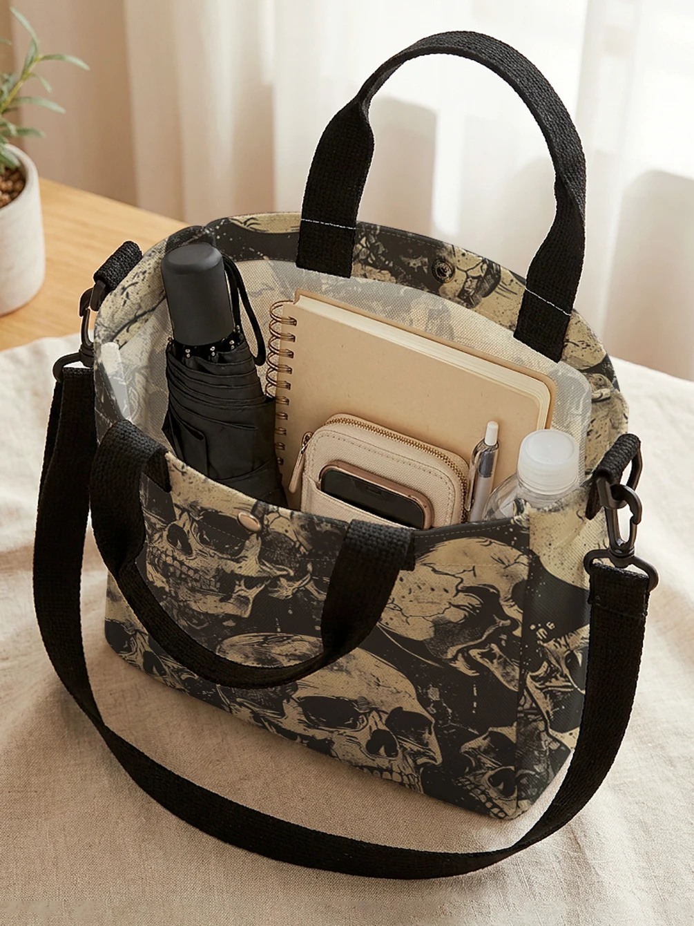 Vintage Distressed Skull Print Tote Bag Detachable Strap Crossbody Handbag For Women Daily Shopping image 2
