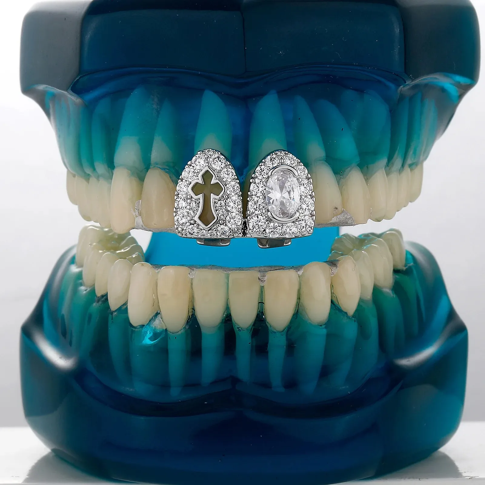 Herren Hip-Hop Doppelzahn Vollbesetzter Hohlkreuz CZ Grillz Ober- & Unterkiefer Glänzender Einzelgrill für Punk-Rapper Weihnachtsgeschenk – Detail 4