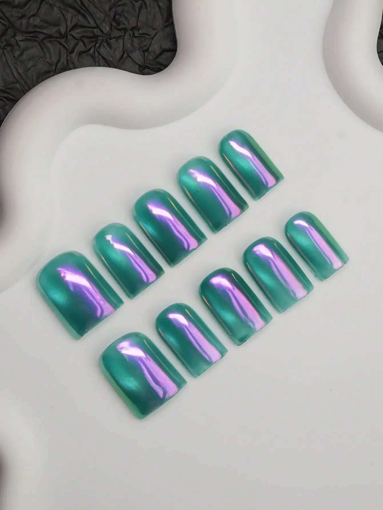 

10pcs/Set Handmade Square Y2K Nail Tips, Green & Aurora Color Nail Art Decor, Suitable For Party, Dance, Daily Wear, Includes