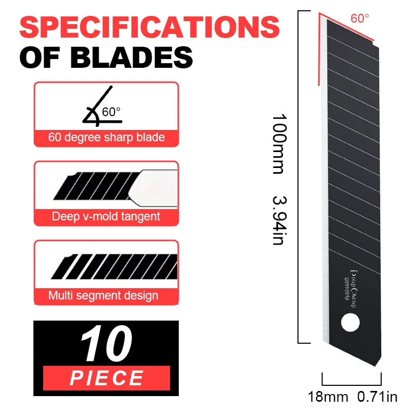 SK5 Black Utility Knife Blades 18mm 0.6mm Thick 60° Snap Off Replacement Blades for Box Cutter, 10pcs